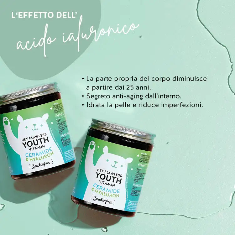 Questo è l'effetto delle Vitamine Hey Flawless Youth di Bears with Benefits con acido ialuronico e complesso di fitoceramide