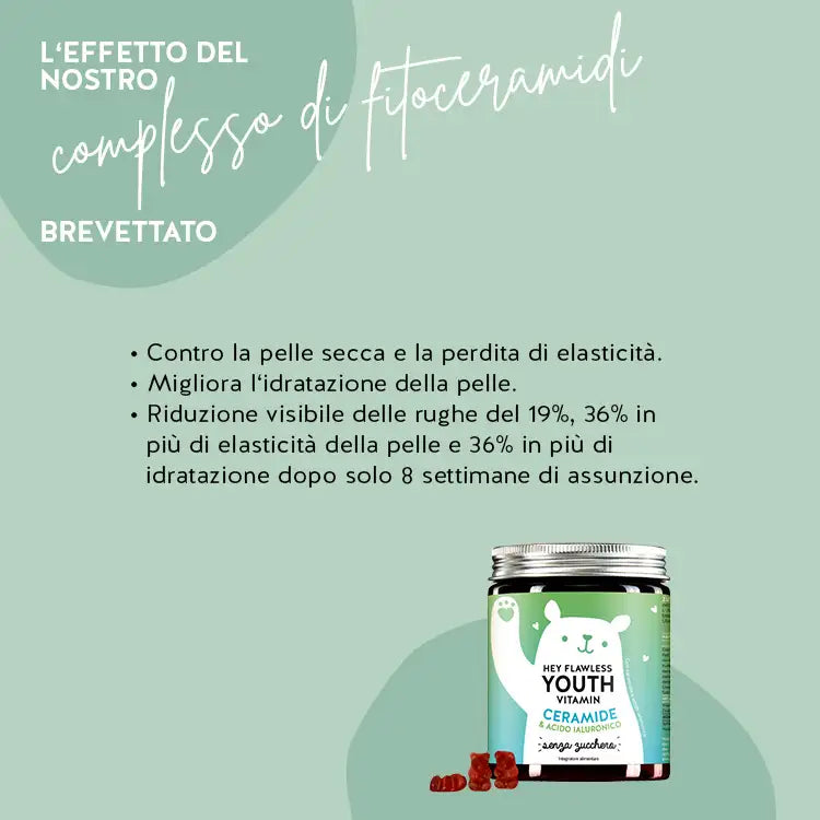 Ecco come funzionano le vitamine Hey Flawless Youth con ceramidi: contro la pelle secca e la perdita di elasticità, migliora l'idratazione della pelle, riduce del 19% le rughe visibili, aumenta del 36% l'elasticità della pelle e aumenta del 36% l'idratazione dopo sole otto settimane di utilizzo.