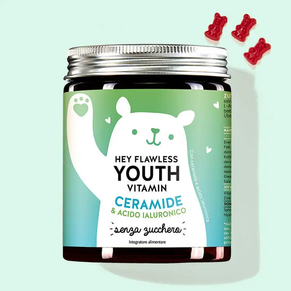 Una confezione di Vitamine Hey Flawless Youth con ceramide e acio ialuronico da Bears with Benefits per anti-età