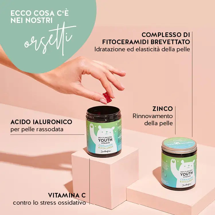 Questi ingredienti e nutrienti si trovano nelle Vitamine Hey Flawless Youth di Bears with Benefits: Complesso di fitoceramidi brevettato, zinco, acido ialuronico e vitamina C