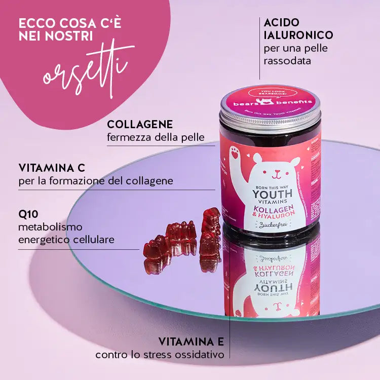 Questi ingredienti e nutrienti si trovano nelle Vitamine Born This Way Youth di Bears with Benefits: Collagene, acido ialuronico, vitamina c, Q10 et vitamina e