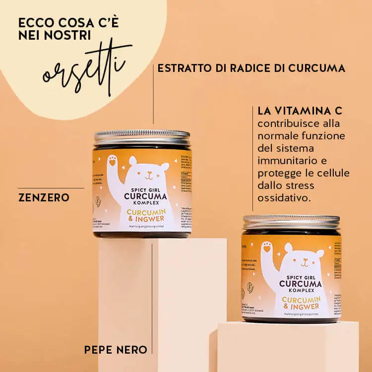 Questi ingredienti e nutrienti si trovano nelle Vitamine Spicy Girl di Bears with Benefits: Estratto di radice di radice di curcuma, zenzero, pepe nero e vitamina C.