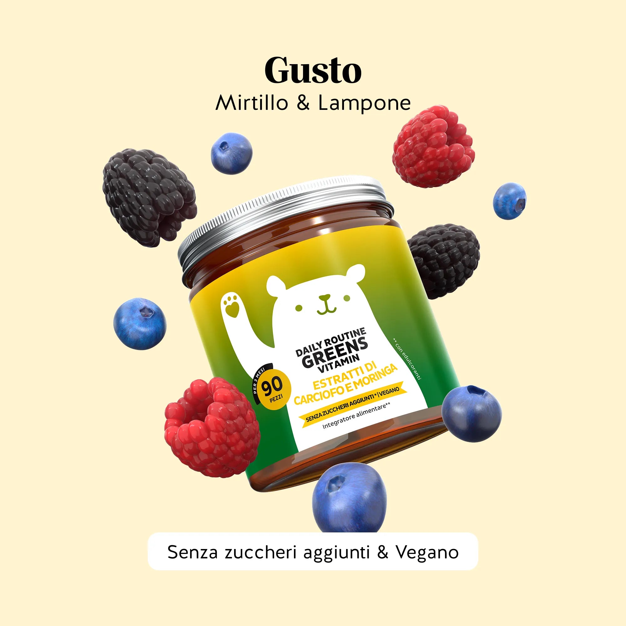 Bears with Benefits DAILY ROUTINE GREENS VITAMIN – gusto naturale di mirtillo e lampone, orsetti gommosi vegani senza zuccheri aggiunti con 8 estratti vegetali, vitamine e minerali, confezione da 90 orsetti