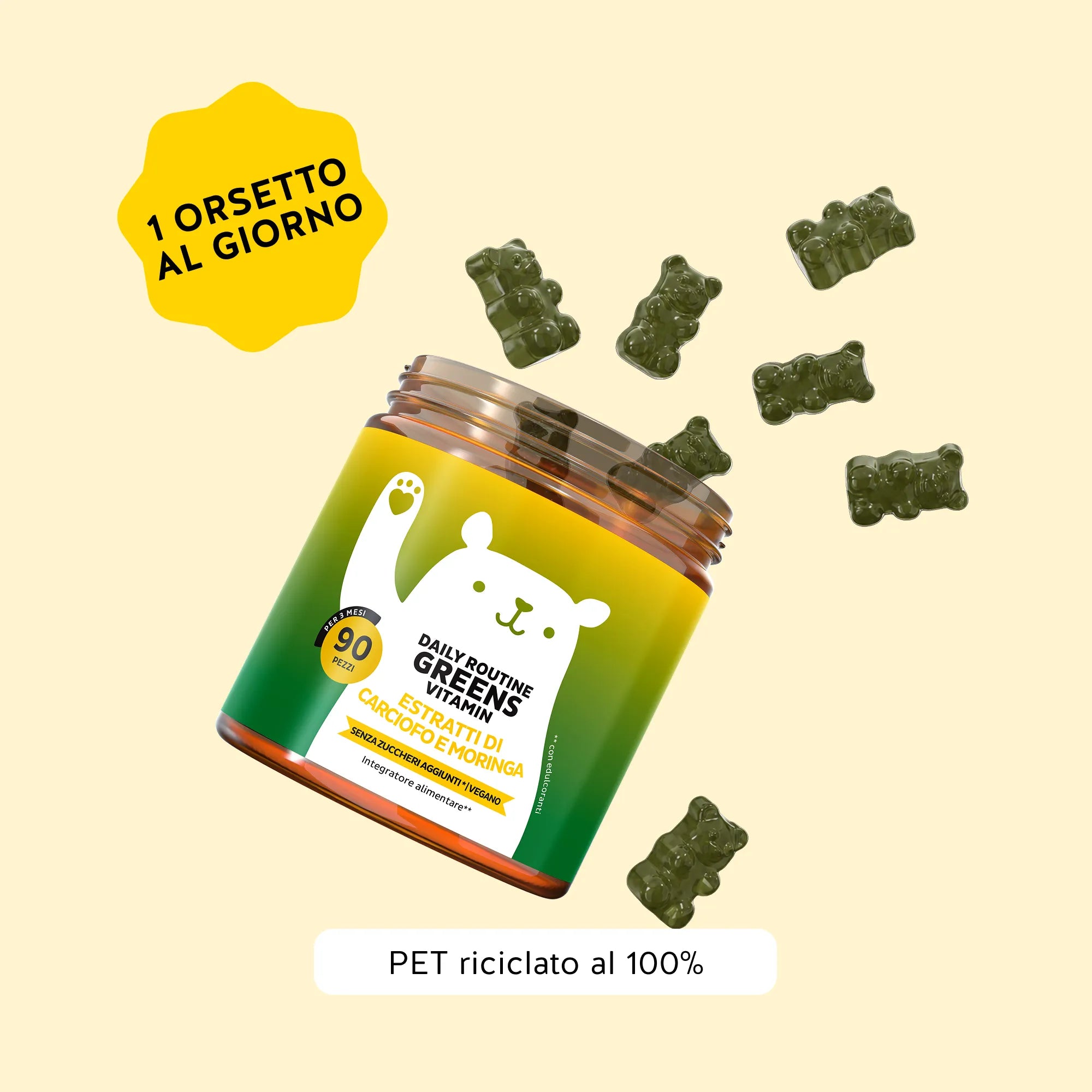 Bears with Benefits DAILY ROUTINE GREENS VITAMIN – modalità di consumo: 1 orsetto al giorno da masticare, confezione da 90 orsetti vegani senza zuccheri aggiunti al gusto naturale di mirtillo e lampone