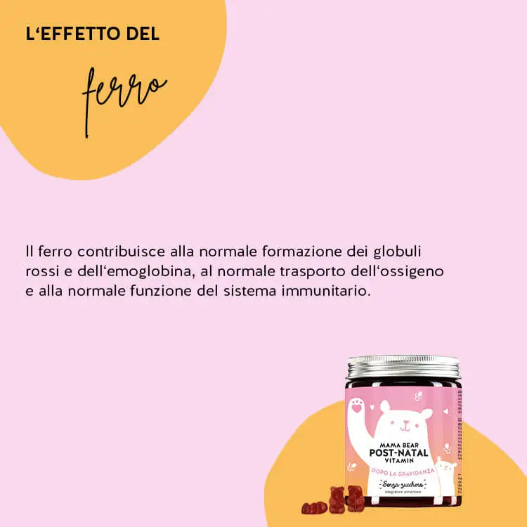 Ecco come funzionano le Vitamine Post-Natali di Mamma Orsa con ferro e selenio: Il ferro contribuisce alla normale formazione dei globuli rossi e dell'emoglobina, al normale trasporto dell'ossigeno e alla normale funzione del sistema immunitario.