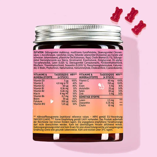 Ecco il retro della confezione di Mama Bear Post-Natal Vitamins con ferro e selenio di Bears with Benefits per tutte le neo-mamme.