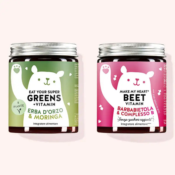 Immagine del Duo Vegano composto da: Una confezione di Eat your Super Greens con moringa e altri vegetali essenziali e una confezione di  Make My Heart Beet con estratto di barbabietola.