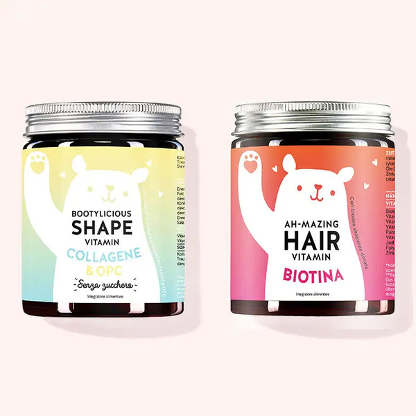 Set di 2 "Beauty and the Bum Duo" composto dalle Vitamine Bootylicious Shape con collagen e OPC e le Vitamine Ah-mazing Hair con biotina da Bears with Benefits