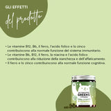 Ecco come funzionano le vitamine di Eat your Super Greens con erba d'orzo: la vitamina B12, B6, il ferro, l'acido folico e lo zinco contribuiscono alla normale funzione del sistema immunitario. La vitamina B6, la B12, il ferro, la niacina e l'acido folico contribuiscono alla riduzione della stanchezza e dell'affaticamento. Ferro e zinco contribuiscono alla normale funzione cognitiva.