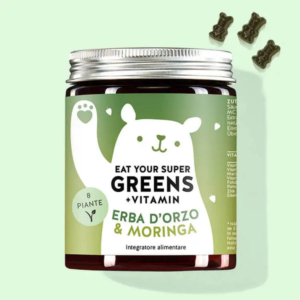 Una confezione di vitamine Eat your Super Greens con erba d'orzo, moringa e altre 6 piante da Bears with Benefits come tuttofare per il tuo benessere.
