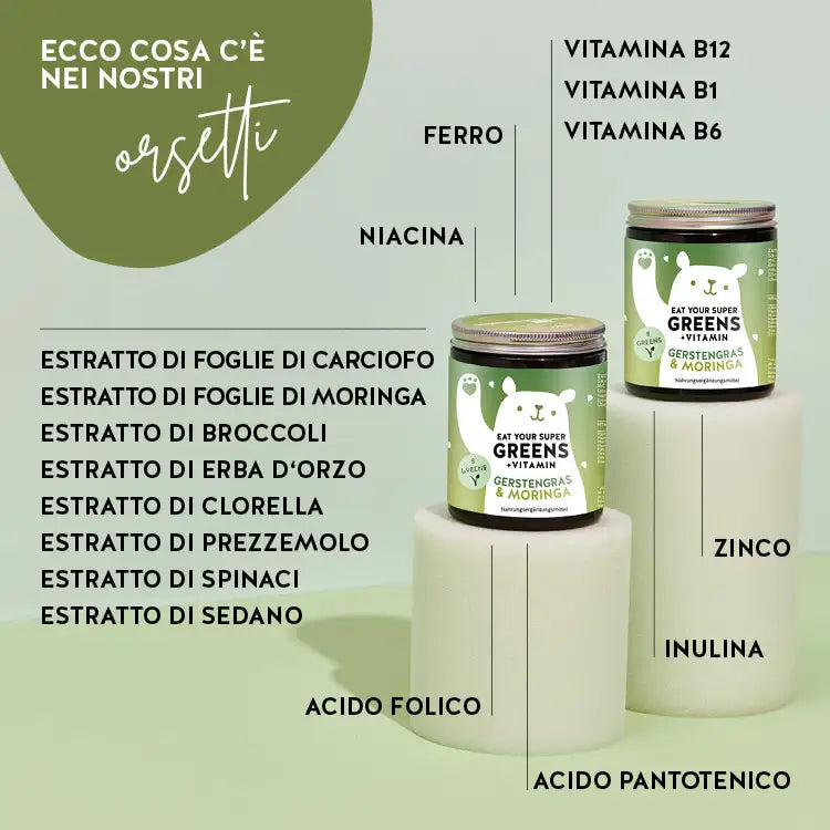 Questi ingredienti e nutrienti si trovano nelle Vitamine Eat your Super Greens di Bears with Benefits: Vitamina B12, B1, Niacina, Vitamina B6, acido folico, acido pantotenico, zinco, ferro, estratto di foglie di carciofo, estratto di foglie di moringa, estratto di broccoli, estratto di erba d'orzo, estratto di clorella, estratto di prezzemolo, estratto di spinaci, estratto di sedano, inulina.