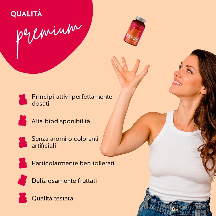 Questa immagine mostra i benefici degli Orsetti Daily Essential Bears con ferro di Bears with Benefits: Principi attivi perfettamente dosati, alta biodsponibilità, senza aromi o coloranti artificiali, particolarmente ben tollerati e deliziosamente fruttati. Qualità testata.