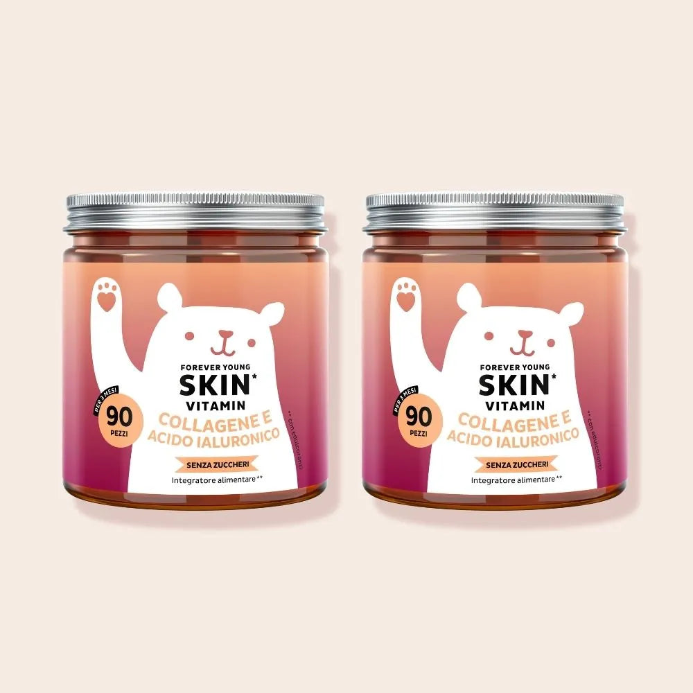 Bears with Benefits Forever Young Skin Vitamin – Caramelle gommose con collagene, acido ialuronico, coenzima Q10, vitamina C e vitamina E per la pelle, pack da 2 barattoli da 90 pezzi, 180 totali, senza zuccheri
