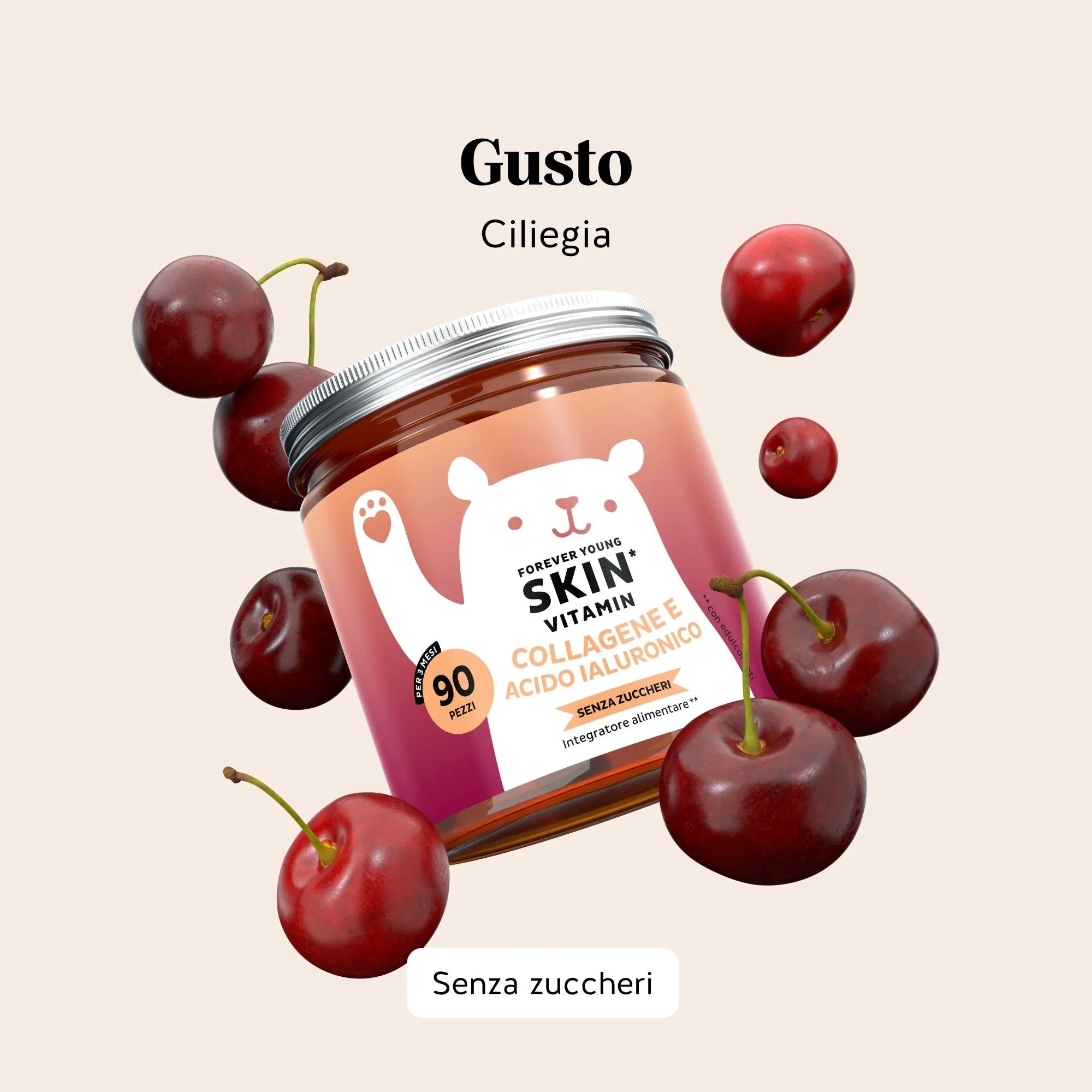 Bears with Benefits Forever Young Skin Vitamin – Caramelle gommose al gusto ciliegia con collagene, acido ialuronico, coenzima Q10, vitamina C e vitamina E per la pelle, 90 pezzi, senza zuccheri