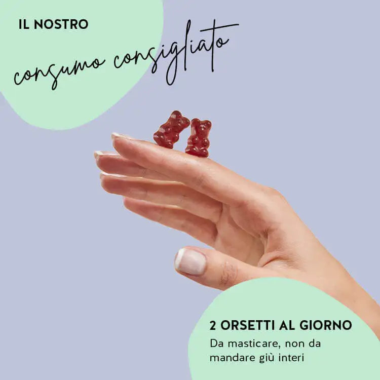 Questa immagine mostra il consumo consigliato per Beauty & Brains Focus Vitamins con estratto di ginkgo e ginseng. 2 orsetti al giorno - da masticare, non ingerire interi.