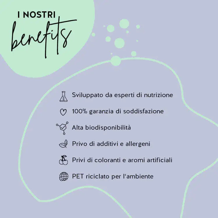 Questa immagine mostra i benefici del prodotto Beauty & Brains Focus di Bears with Benefits. Sviluppato da farmacisti, garanzia di soddisfazione al 100%, alta biodisponibilità, privo di glutine e lattosio, privo di coloranti e aromi artificiali, PET riciclato per l'ambiente.