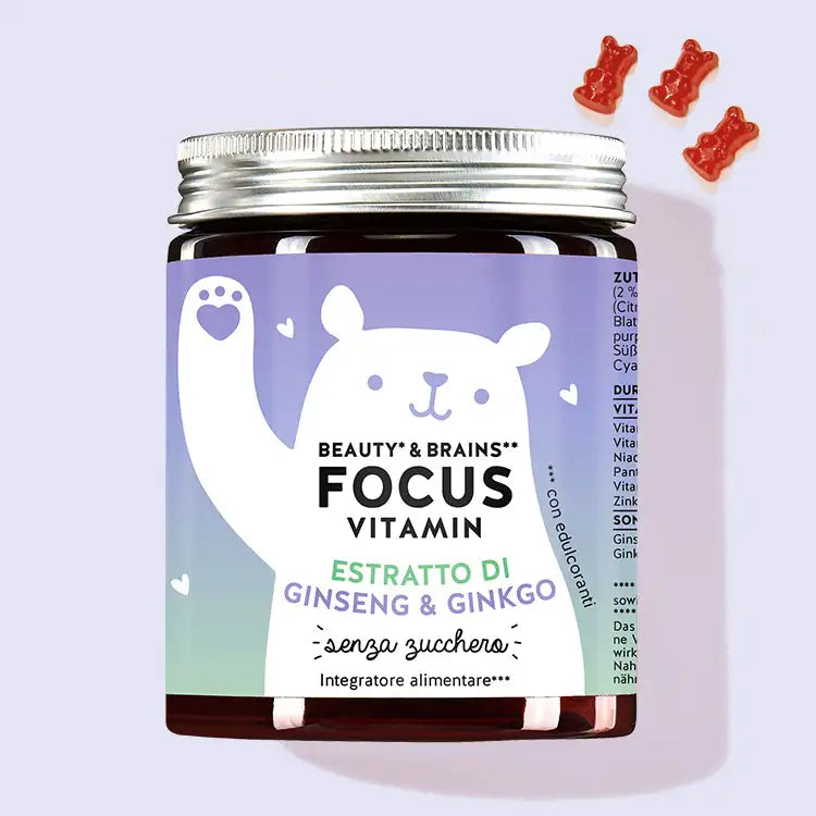 In questa immagine è raffigurata una confezione del prodotto Beauty & Brains Focus con estratto di ginkgo e ginseng di Bears with Benefits.