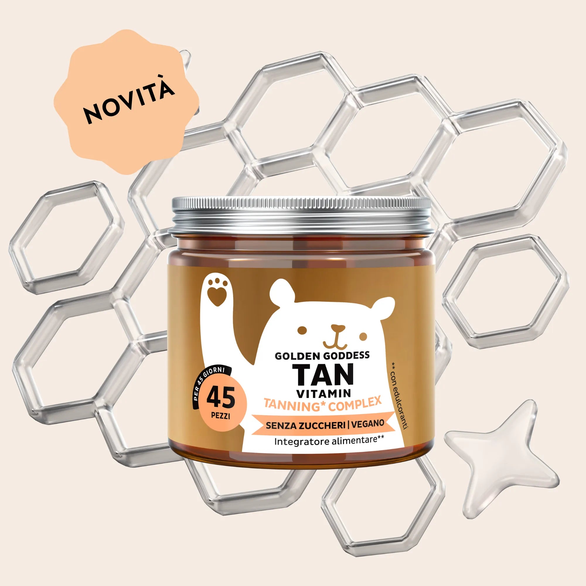 Immagine del barattolo con 45 orsetti gommosi Golden Goddess Tan Vitamin Tanning* Complex di Bears with Benefits, integratore alimentare in caramelle gommose con betacarotene, vitamine C ed E, vitamina D e rame per sostenere una pelle radiosa e un colorito naturalmente uniforme.
