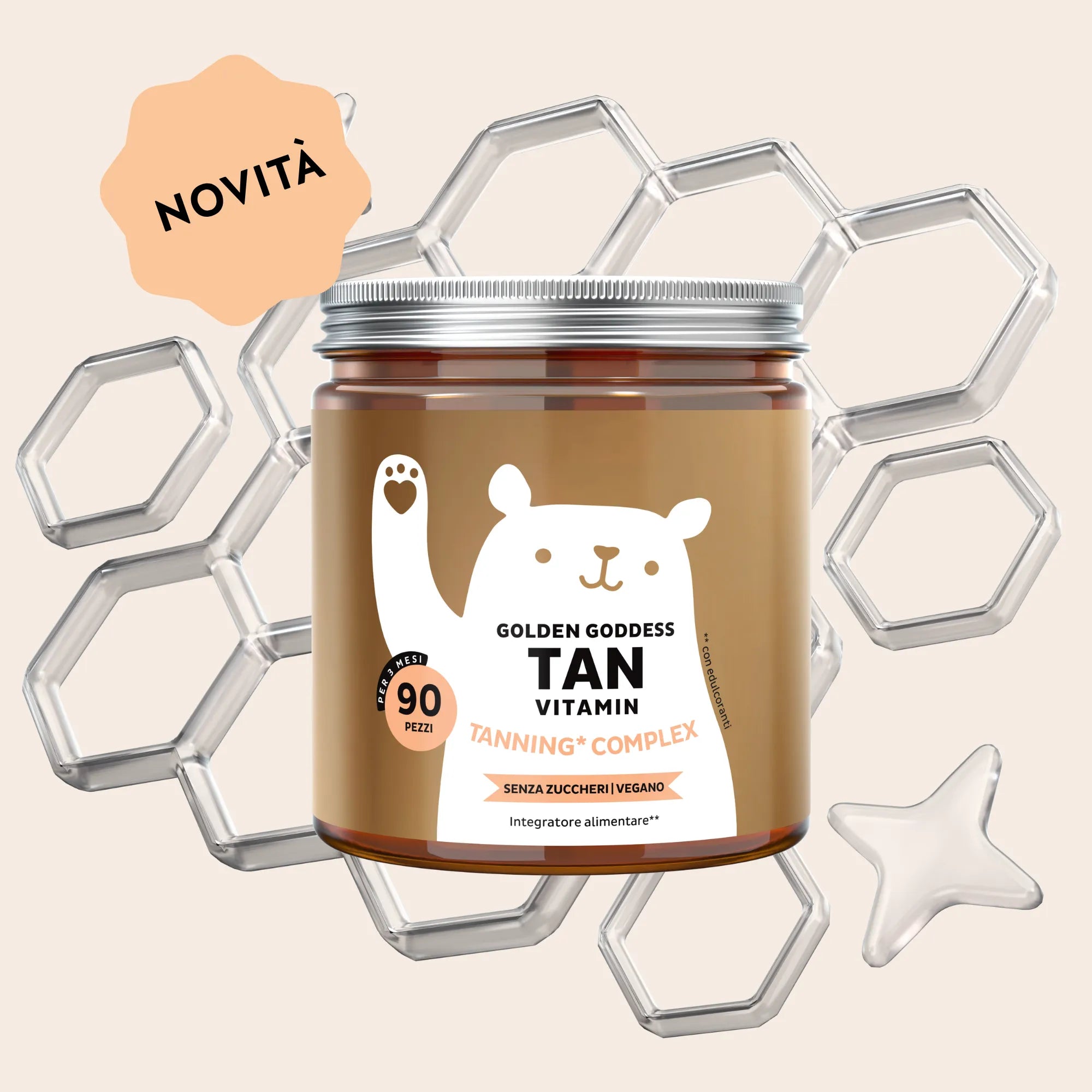 Immagine del barattolo con 90 orsetti gommosi Golden Goddess Tan Vitamin Tanning* Complex di Bears with Benefits, integratore alimentare in caramelle gommose con betacarotene, vitamine C ed E, vitamina D e rame per sostenere una pelle radiosa e un colorito naturalmente uniforme.

