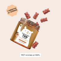Bears with Benefits Golden Goddess Tan Vitamin Tanning* Complex – Integratore in caramelle gommose da assumere con 1 caramella gommosa al giorno per supportare la pelle e il colorito naturale. Barattolo convenienza con 90 caramelle gommose vegane gusto arancia e mango.
