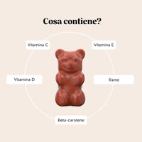 Bears with Benefits Golden Goddess Tan Vitamin Tanning* Complex – Formula in caramelle gommose con betacarotene, luteina, astaxantina, rame e vitamine C, D ed E, studiata per supportare la pelle durante l’esposizione al sole e contribuire alla protezione delle cellule dallo stress ossidativo.
