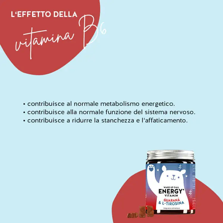 Ecco come funzionano le vitamine energetiche Wake-Up Call con Guaranà: contribuiscono al normale metabolismo energetico, al normale funzionamento del sistema nervoso e alla riduzione della stanchezza e dell'affaticamento.