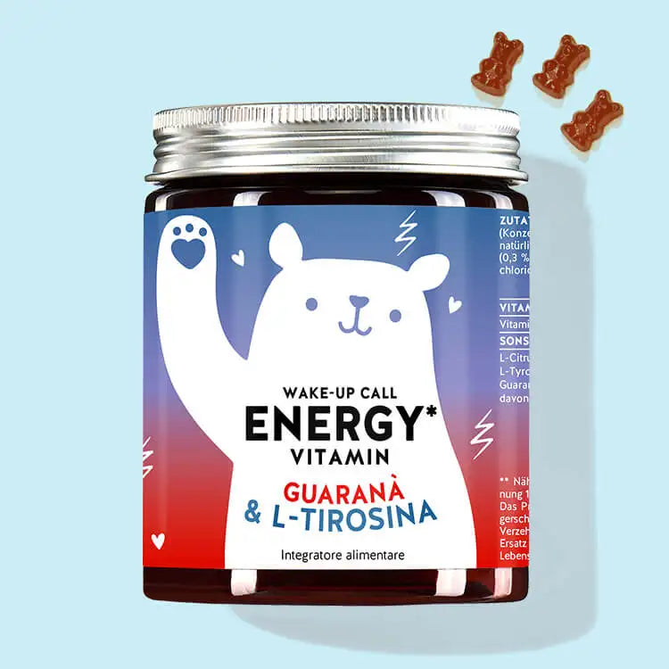 Una confezione di vitamine Wake-Up Call Energy con estratto di guaranà e l-tirosina da Bears with Benefits per una spinta energetica naturale.