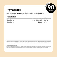 Bears with Benefits Hey Sunshine Sun Vitamin – Tabella ingredienti con vitamina D 25 µg, 1000 IU, e vitamina K 25 µg per caramella gommosa, formula senza zuccheri e vegana