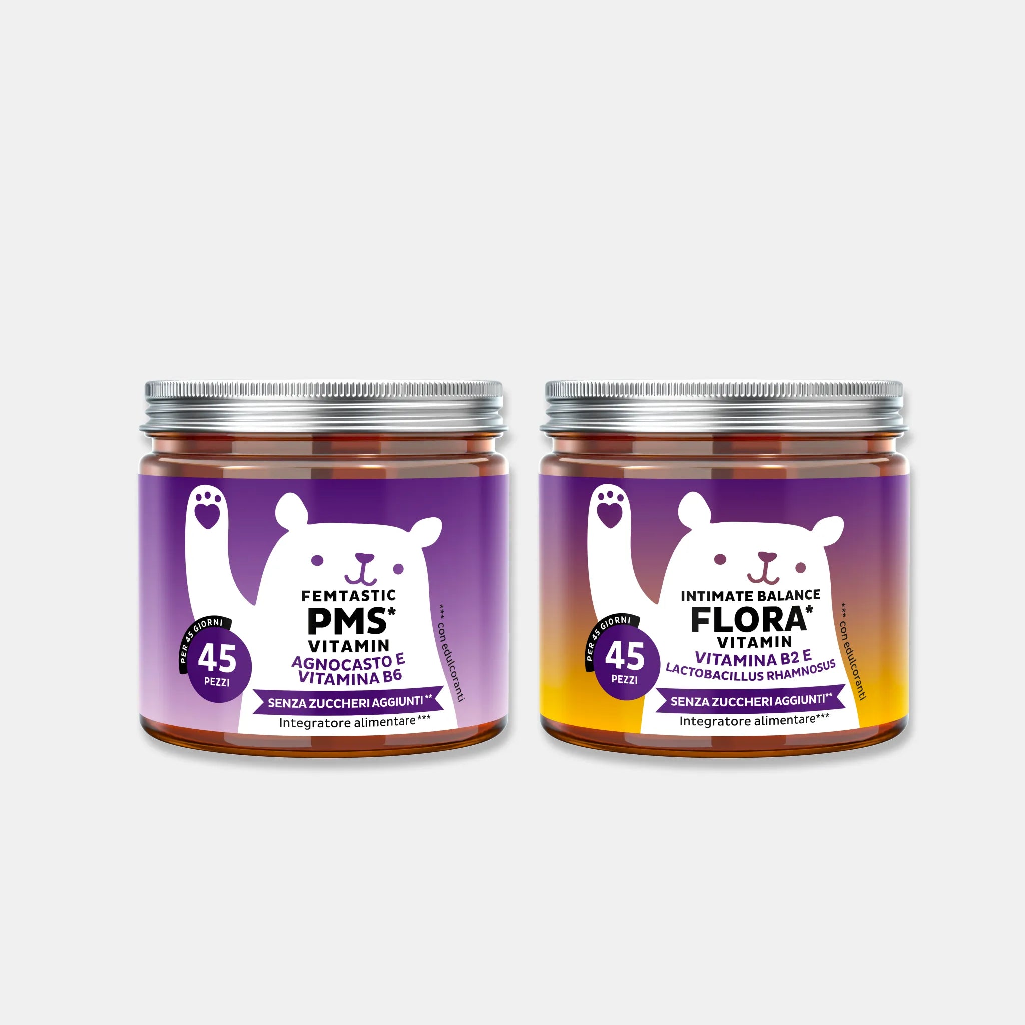 Immagine del pack da 2 barattoli di Femtastic PMS* Vitamin e Intimate Balance Flora* Vitamin di Bears with Benefits con 45 orsetti gommosi totali per un’integrazione quotidiana completa a supporto dell’equilibrio ormonale e della flora intima.