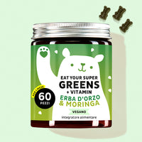 Una confezione di vitamine Eat your Super Greens con erba d'orzo, moringa e altre 6 piante da Bears with Benefits come tuttofare per il tuo benessere.