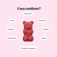 Bears with Benefits You Nailed It Nail & Hair – Formula in caramelle gommose con cheratina idrolizzata, biotina, zinco, selenio, rame, vitamine C ed E ed estratto di equiseto per supportare il mantenimento di capelli e unghie in condizioni normali.