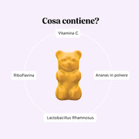 Bears with Benefits Intimate Balance Flora – Formula in caramelle gommose con vitamina C, vitamina B2, Lactobacillus rhamnosus ed estratto naturale di ananas per supportare la flora intima e il benessere femminile quotidiano.