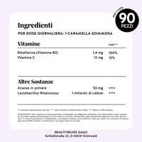 Bears with Benefits Intimate Balance Flora – Tabella completa con ingredienti attivi, vitamina C, riboflavina, Lactobacillus rhamnosus e valori nutrizionali dettagliati delle caramelle gommose dedicate al benessere intimo femminile.