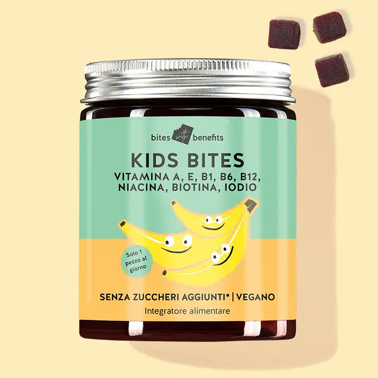 Confezione del prodotto Kids Bites con complesso multivitaminico per bambini.