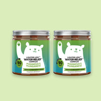 Bears with Benefits Lighter Legs Water Relief Complex – Pack convenienza con 2 barattoli di orsetti gommosi con vitamina C, magnesio e complesso botanico per il benessere quotidiano delle gambe. 180 orsetti gusto limone & matcha per una routine continuativa.