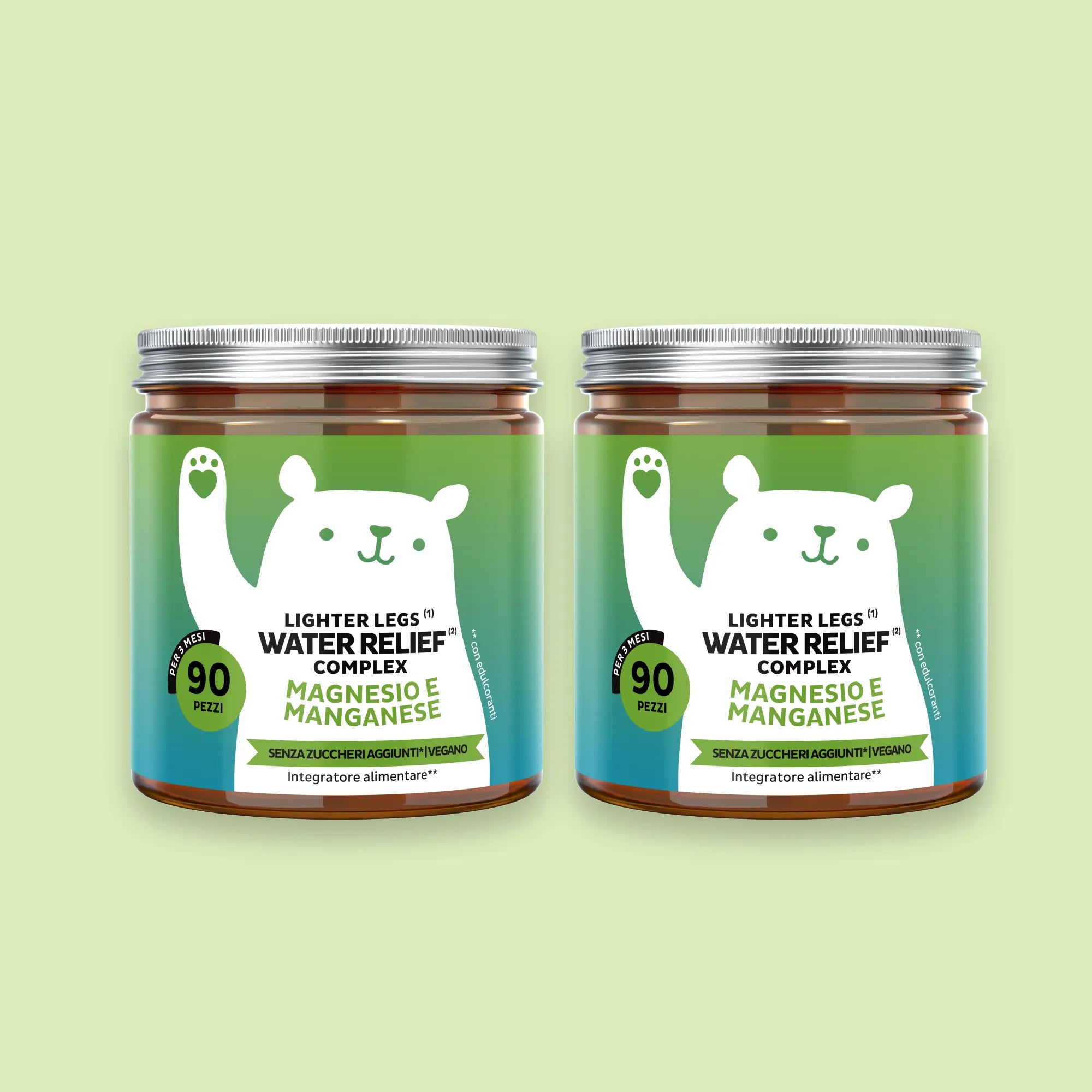 Bears with Benefits Lighter Legs Water Relief Complex – Pack convenienza con 2 barattoli di orsetti gommosi con vitamina C, magnesio e complesso botanico per il benessere quotidiano delle gambe. 180 orsetti gusto limone & matcha per una routine continuativa.