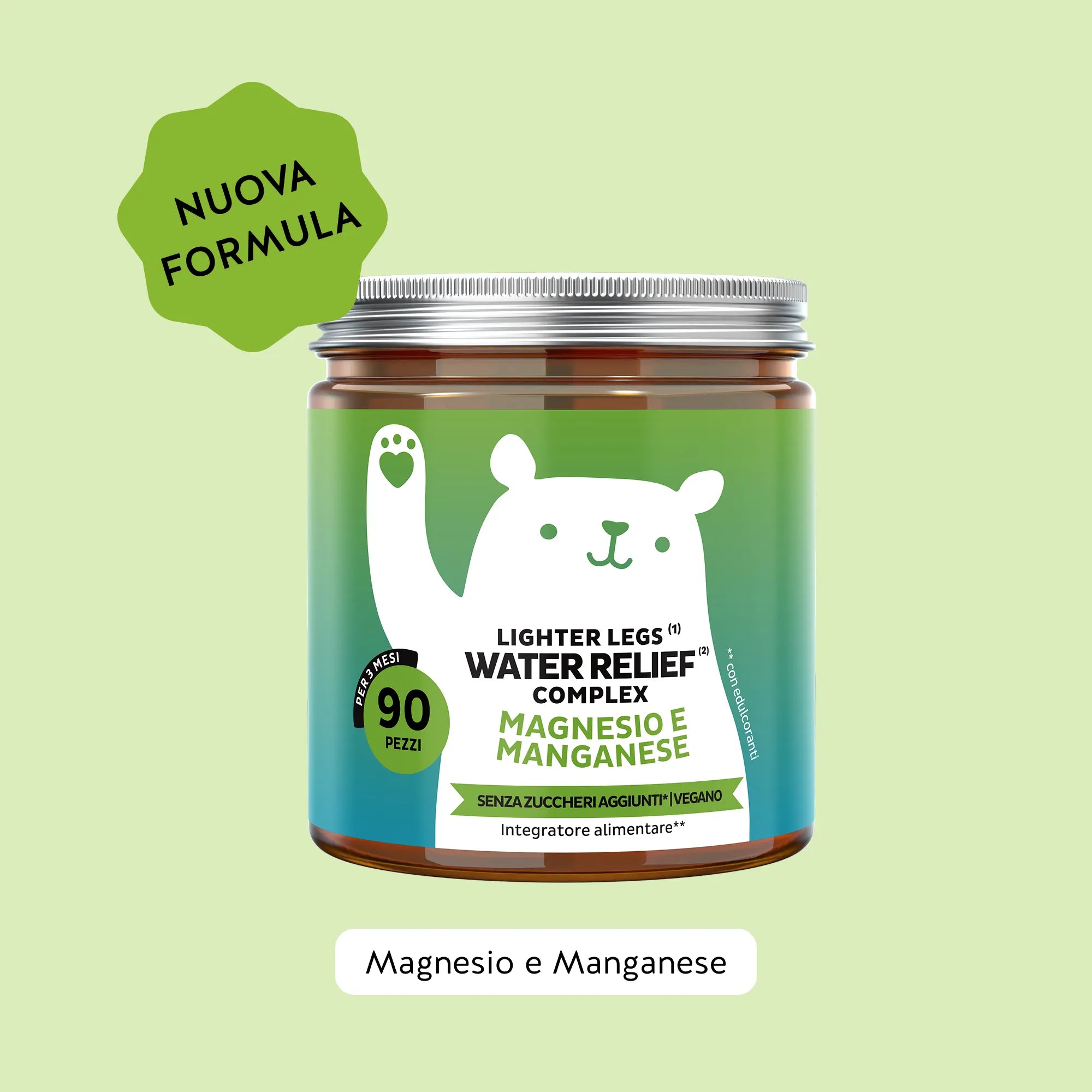  Bears with Benefits Lighter Legs Water Relief Complex – Orsetti gommosi per il benessere quotidiano delle gambe con vitamina C, magnesio, manganese ed estratti vegetali selezionati. Maxi formato da 90 orsetti gusto limone & matcha, vegani e senza zuccheri aggiunti.