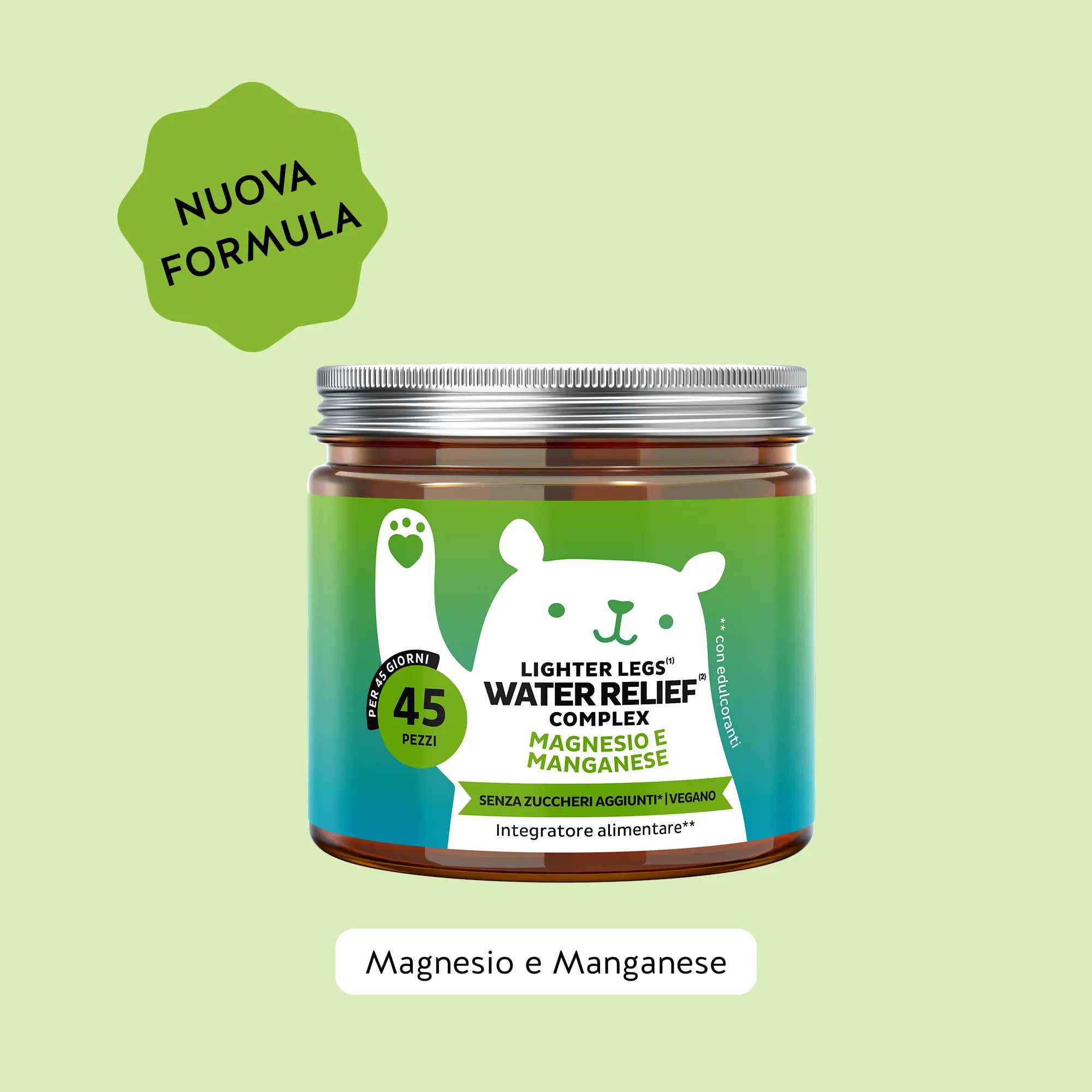 Bears with Benefits Lighter Legs Water Relief Complex – Orsetti gommosi vegani con vitamina C, magnesio, manganese, ortica, ginkgo biloba, vite rossa e ginepro, formulati per sostenere il benessere delle gambe e favorire una piacevole sensazione di leggerezza. Barattolo da 45 orsetti gusto limone & matcha.