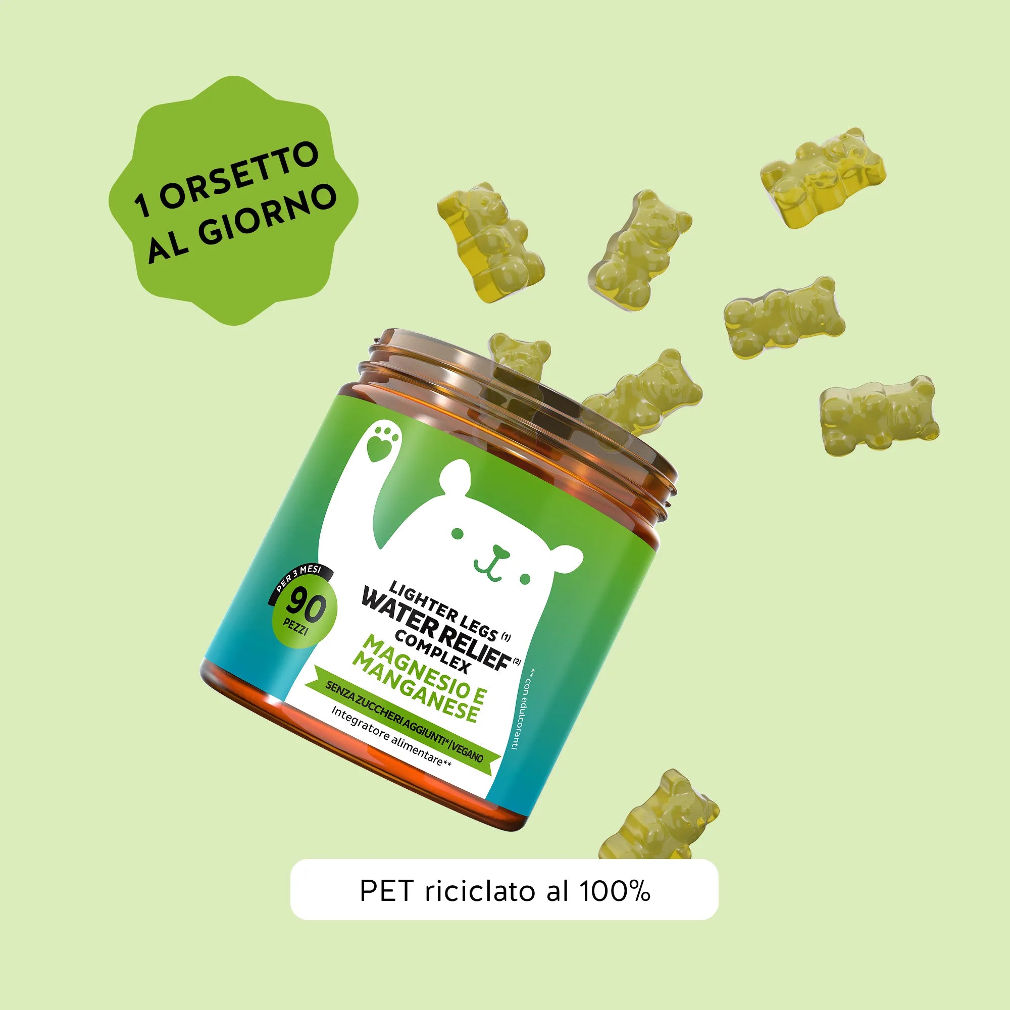Bears with Benefits Lighter Legs Water Relief Complex – Formula vegana con vitamina C, magnesio, manganese ed estratti vegetali. Assunzione consigliata: 1 orsetto al giorno. Maxi formato da 90 orsetti gusto limone & matcha.