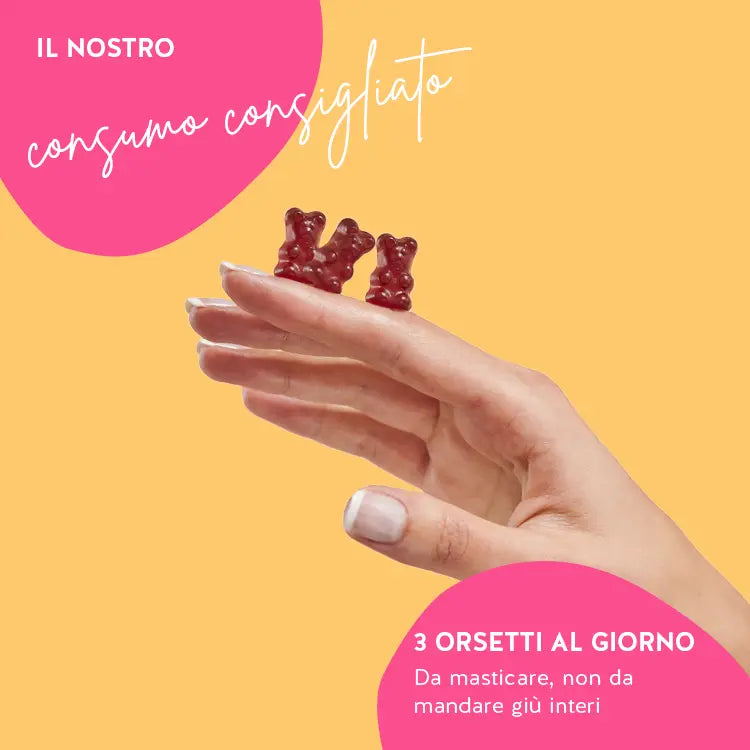 Questa immagine mostra il consumo consigliato degli orsetti Oh Yeah bear Libido da bears with benefits: 3 orsetti al giorno da masticare e non da mandare giù interi.