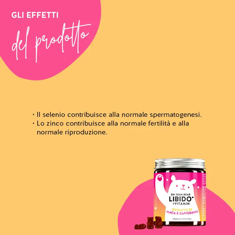 Ecco come agisce il prodotto Oh Yeah Bear Libido con estratto di maca: Il selenio contribuisce alla normale spermatogenesi, Lo zinco contribuisce alla normale fertilità e alla normale riproduzione