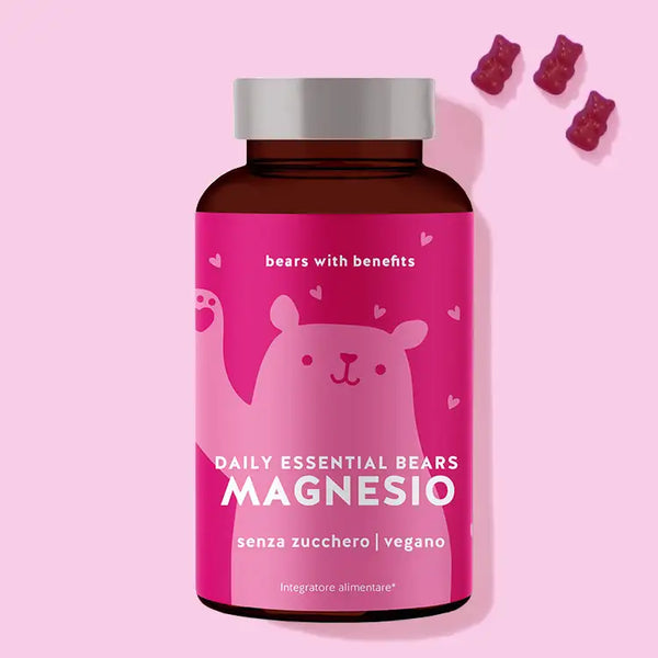 In questa immagine è raffigurata una confezione del prodotto Daily Essential Bears con magnesio di Bears with Benefits.