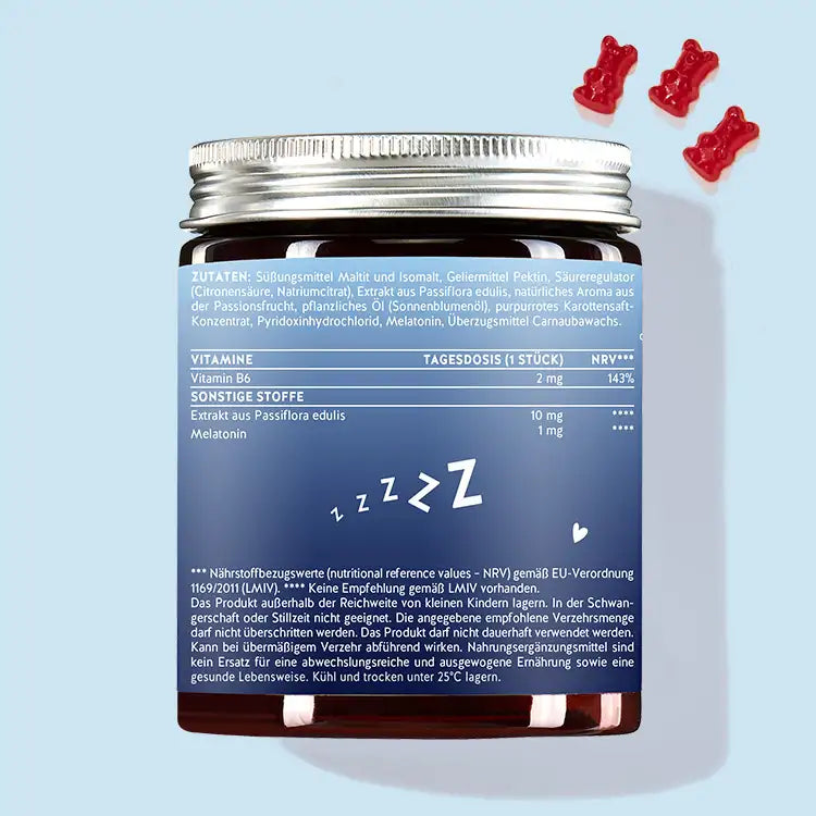 Ecco il retro della confezione di Super Snooze Sleep Bears con Melatonina. Mostra le informazioni nutrizionali e l'elenco degli ingredienti del prodotto.