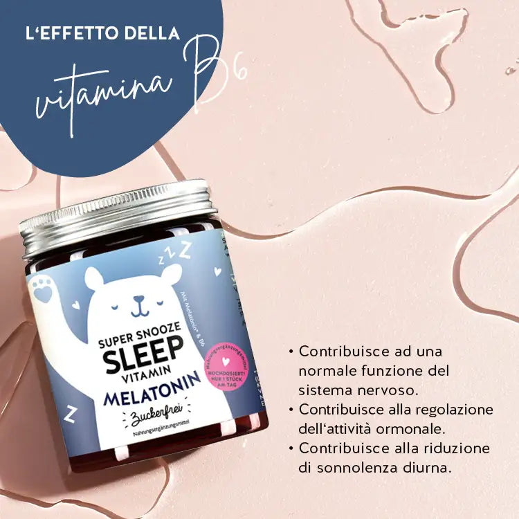 Ecco come funzionano le vitamine del sonno Super Snooze con vitamina B6: contribuiscono alla normale funzione del sistema nervoso, aiutano a regolare l'attività ormonale e a ridurre la sonnolenza diurna.