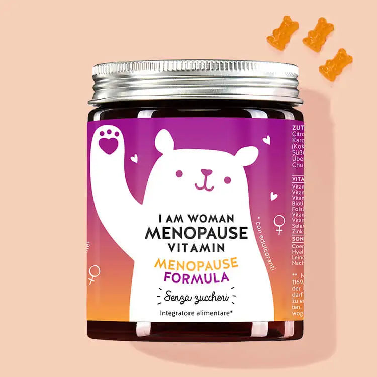 Una confezione di Vitamine I am Woman Menopause con olio di linea & olio di enotera da Bears with Benefits per una menopausa rilassata.