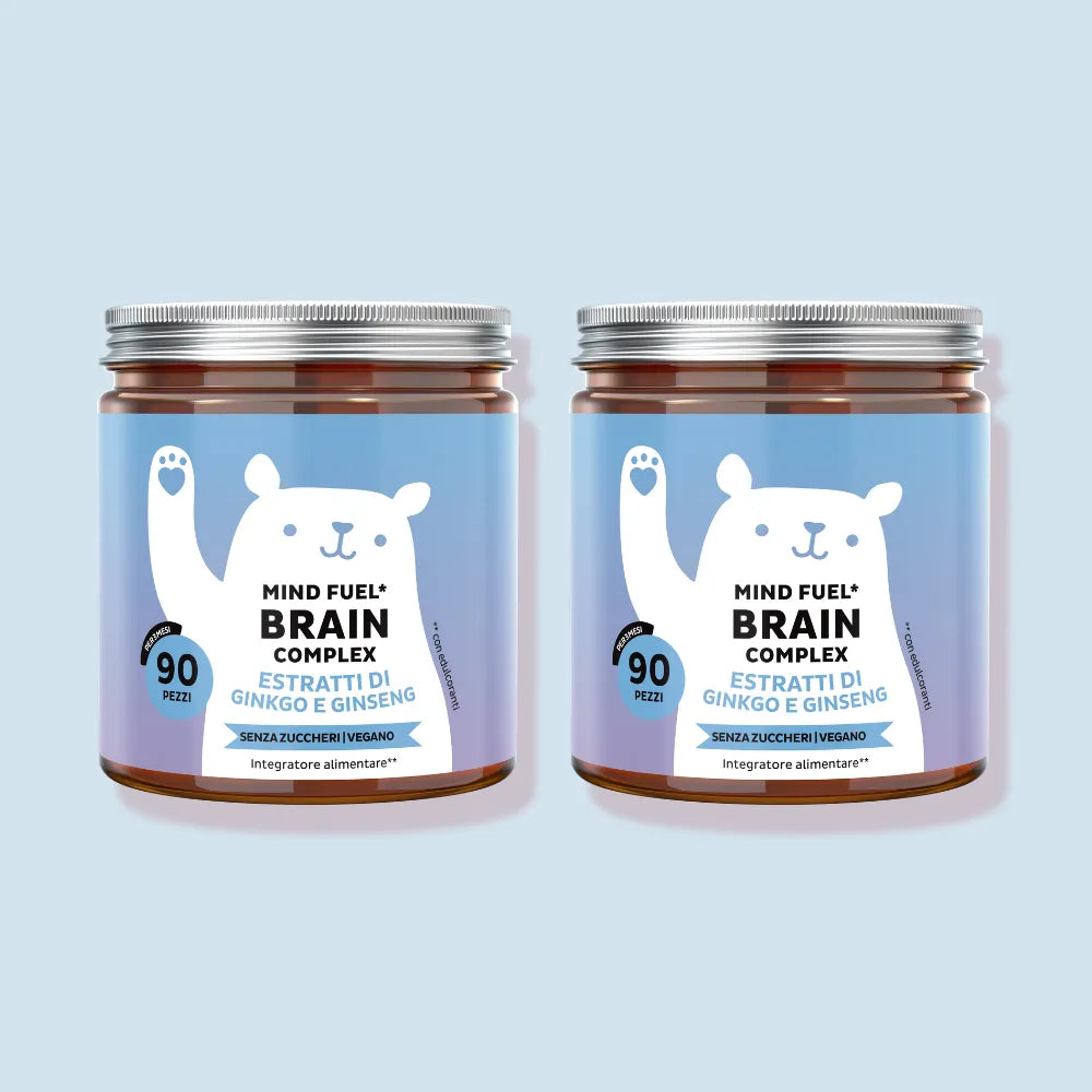 Bears with Benefits Mind Fuel Brain Complex – Caramelle gommose con vitamine per concentrazione e memoria, pack da 2 barattoli da 90 pezzi, 180 totali, supporto mentale prolungato
