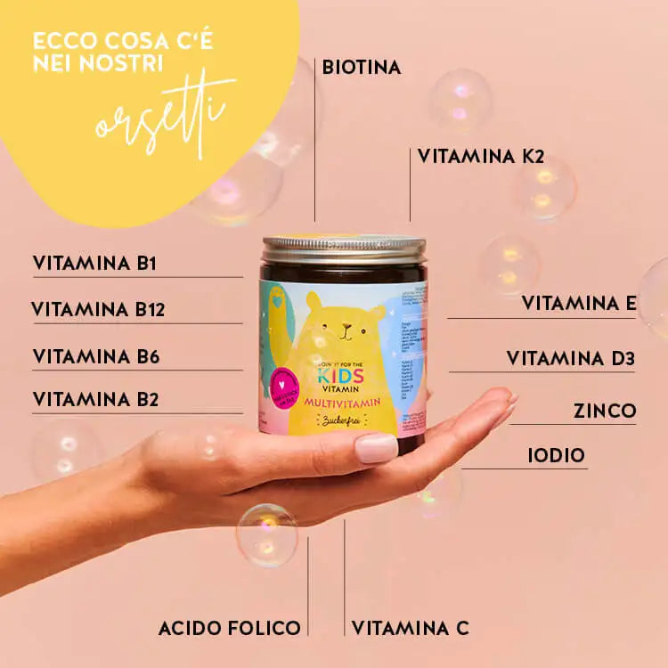 Questi ingredienti e nutrienti si trovano nelle Vitamine Doin' It For The Kids di Bears with Benefits: Biotina, zinco, iodio, Acido Folico, Vitamina B, C, D, E e K