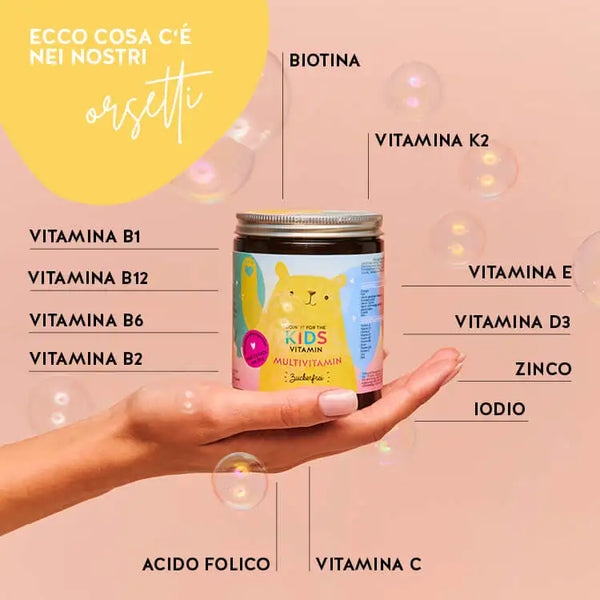 Questi ingredienti e nutrienti si trovano nelle Vitamine Doin' It For The Kids di Bears with Benefits: Biotina, zinco, iodio, Acido Folico, Vitamina B, C, D, E e K