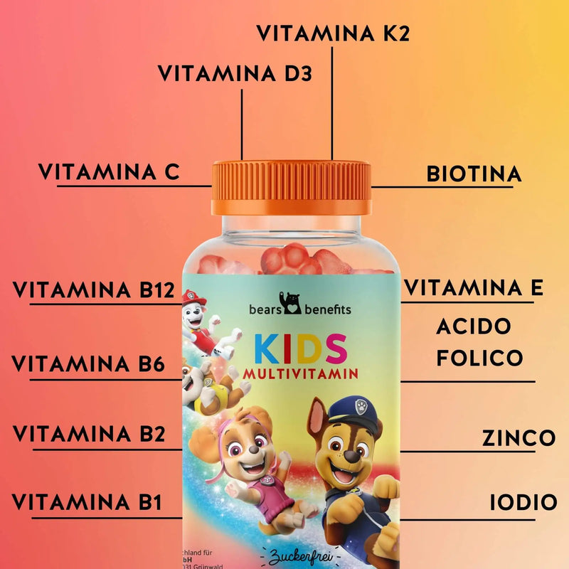 Questa immagine mostra gli ingredienti degli orsetti Paw Patrol con complesso multivitaminico per bambini. Vitamina K2, vitamina D3, vitamina C, vitamina B12, vitamina B6, vitamina B2, vitamina B1, biotina, vitamina E, acido folico, zinco e iodio.