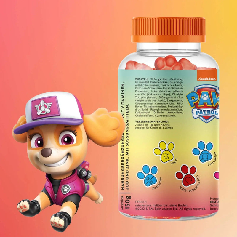 Ecco il retro della confezione degli Orsetti Paw Patrol con Complesso Multivitaminico per bambini. Su di essa è riportato l'elenco degli ingredienti del prodotto.